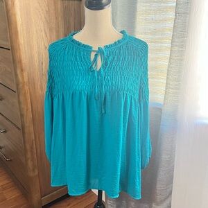 a.n.a Blue Smocked Long Sleeve Blouse